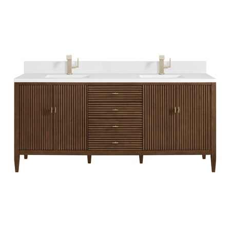 James Martin Vanities 72'' Vanity, Mid Century Walnut w/ Single Hole 3 CM White Zeus Quartz Top & Backsplash 485-V72-WLT-1WZ